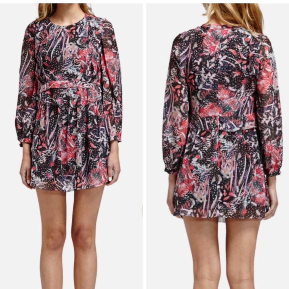 IRO Deylfe‎ Silk Chiffon Floral Mini Dress Size 8 Romantic Ruffle Boho Fairy